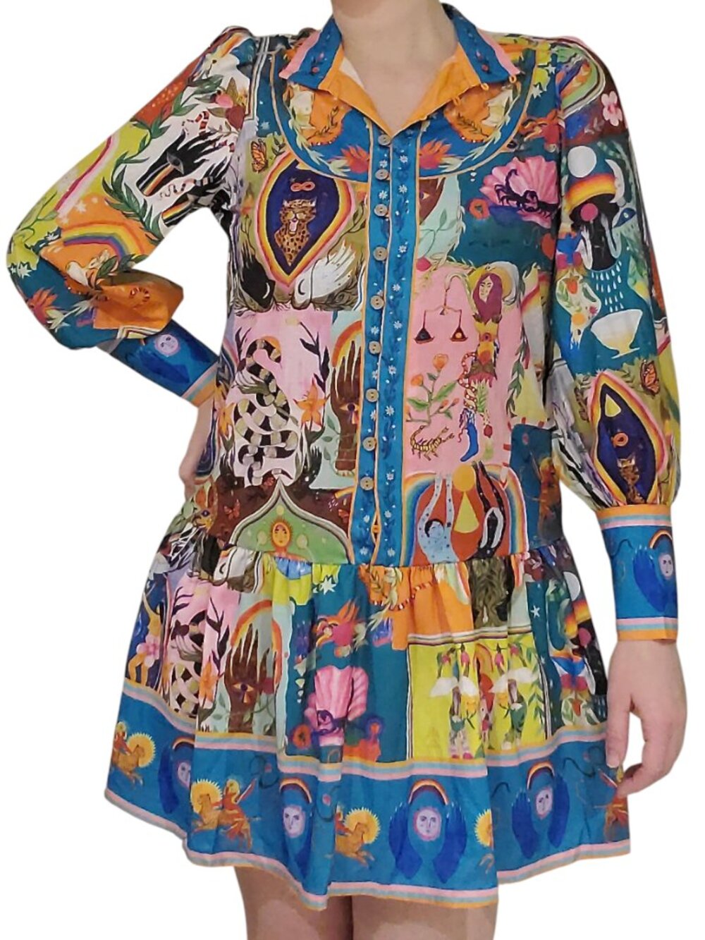 Dopamine Dressing Zodiac Print Mini Dress Balloon Sleeve Boutique Small